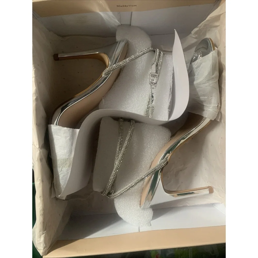 BCBGENERATION Rhinestones Crystal Bow Silver Clear Stiletto Heel Ankle Sandal 10